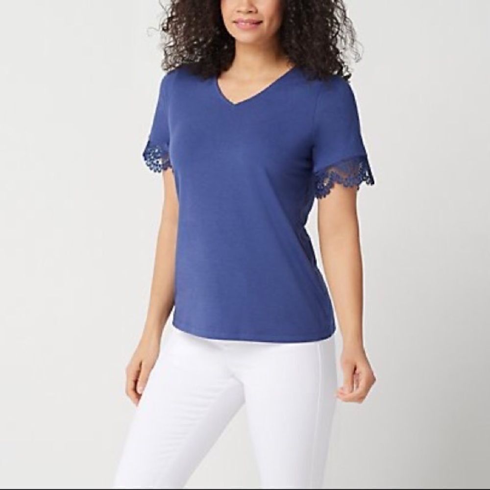 Denim & Co. V-Neck W/Lace Trim Jersey Top